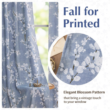 FMFUNCTEX 100% Blackout Floral Curtains for Bedroom, Blue Curtains 84 inches Long Blossom Flower Patterned for Living Room,Thermal Insulated Farmhouse Drapes, Grommet Top 2 Panels (White on Blue)