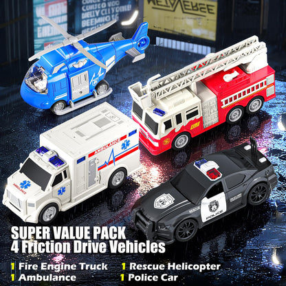 EPPO 4 Packs Fire Truck Toy, Ambulance, Police Car, and Helicopter, Emergency Vehicle Truck Toy Set with Lights and Sounds, Friction Powered Car Toy for Toddler Boys Girls 3 4 5 6 Years Old