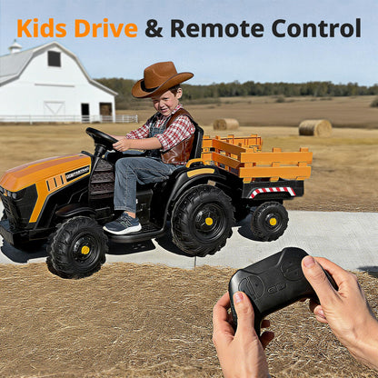 Hikiddo Licensed JCB 24V Electric Ride on Trator for Big Kids 3-8 with Trailer, Remote Control, 400W Motors - Yellow