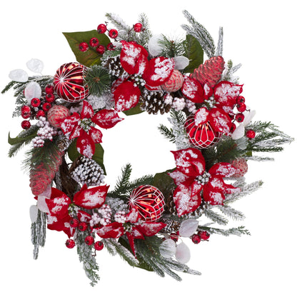 SAFAVIEH Home Collection - 28" Faux Snowy Needle Pine Wreath with Red Poinsettias, Ornaments & Pinecones (FXP1032A)