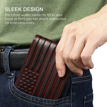 Pefiam Full Grain Leather Wallets for Men, Bifold Wallets for Men, Mens Leather Wallets with 12 Slots, RFID Blocking, Gifts for Men (USA Flag, Red)
