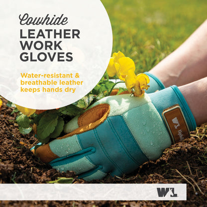 Wells Lamont Women's HydraHyde Leather Hybrid Gloves – Water-Resistant, Durable Cowhide Palm, Spandex Stretch Back – Ideal Landscaping/Farming/Gardening Gloves – Adjustable Wrist – Small, Blue (3250S)