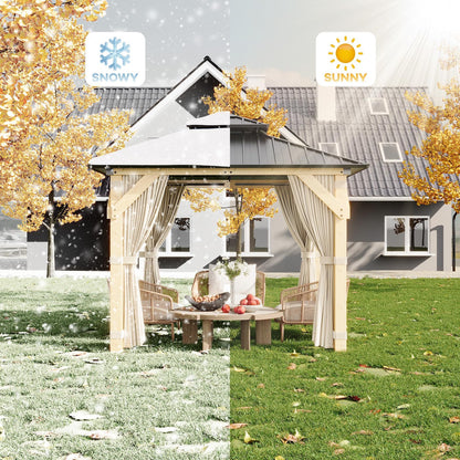 Garvee 10x10 Ft Wood Gazebo, Upgrade Spruce Frame and Double Galvanized Steel Roof, Hardtop Gazebo with Nettings and Curtains for Backyard, Patio, Garden and Lawn, Khaki