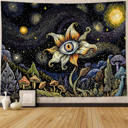 Yeoiat Tapestry Cosmic Flower Tapestries Mushroom Landscape Wall Hanging Starry Night Visionary Botanical Art Decor Bedroom Dormitory 48"x36"