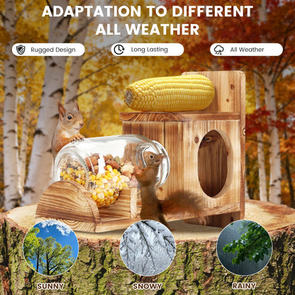 Squirrel Feeder, Wood Squirrel Feeders for Outside, Chipmunk Feeder for Corn Peanuts, Removable Storage Bottle, 1 Stable Squirrel Stools