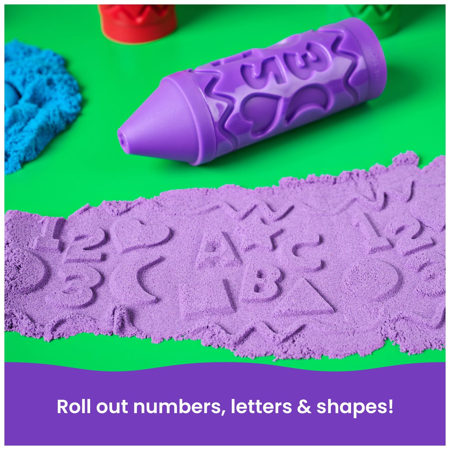 Kinetic Sand, Stamp N' Roll Crayon Multi-Pack with 12 oz Purple, Green, Blue & Red Play Sand, Toddler Toys, Arts and Crafts Kids Toys for Girls & Boys Ages 3 and up