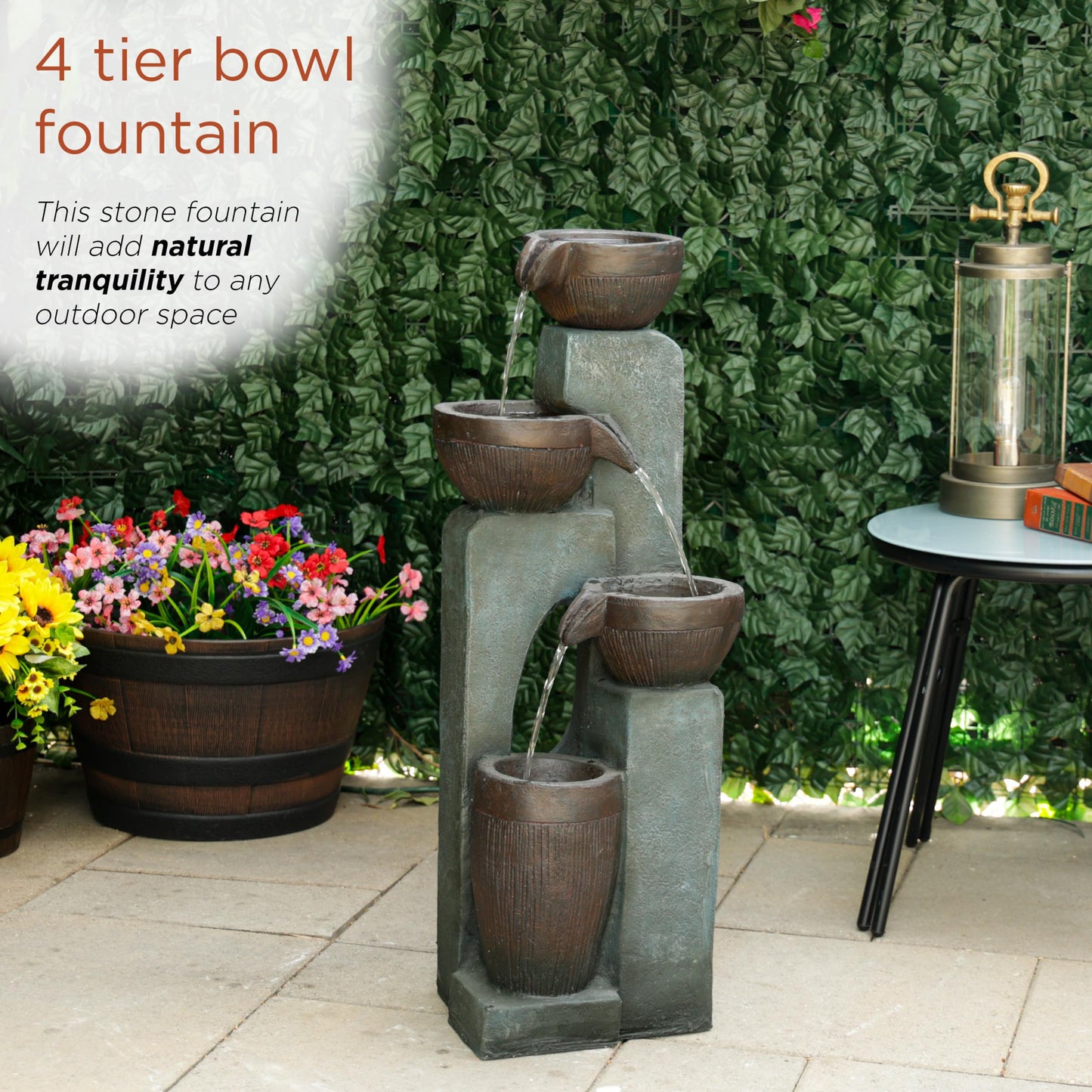 Alpine Corporation TZL396 31" 4 Tier Bowls Cascading Fountain with LED Lights, Elegant Outdoor Water Feature for Garden, Patio, Yard & Outdoor Spaces, Relaxing Waterfall Fountain, Gray