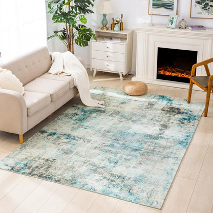 Carvapet 6x9 Large Rugs for Living Room Bedroom Kids Room, 6 x 9 Washable Teal Modern Abstract Low Pile Carpet with Rubber Backing, Foldable, Non Slip Thin Area Rug, Ultra Soft
