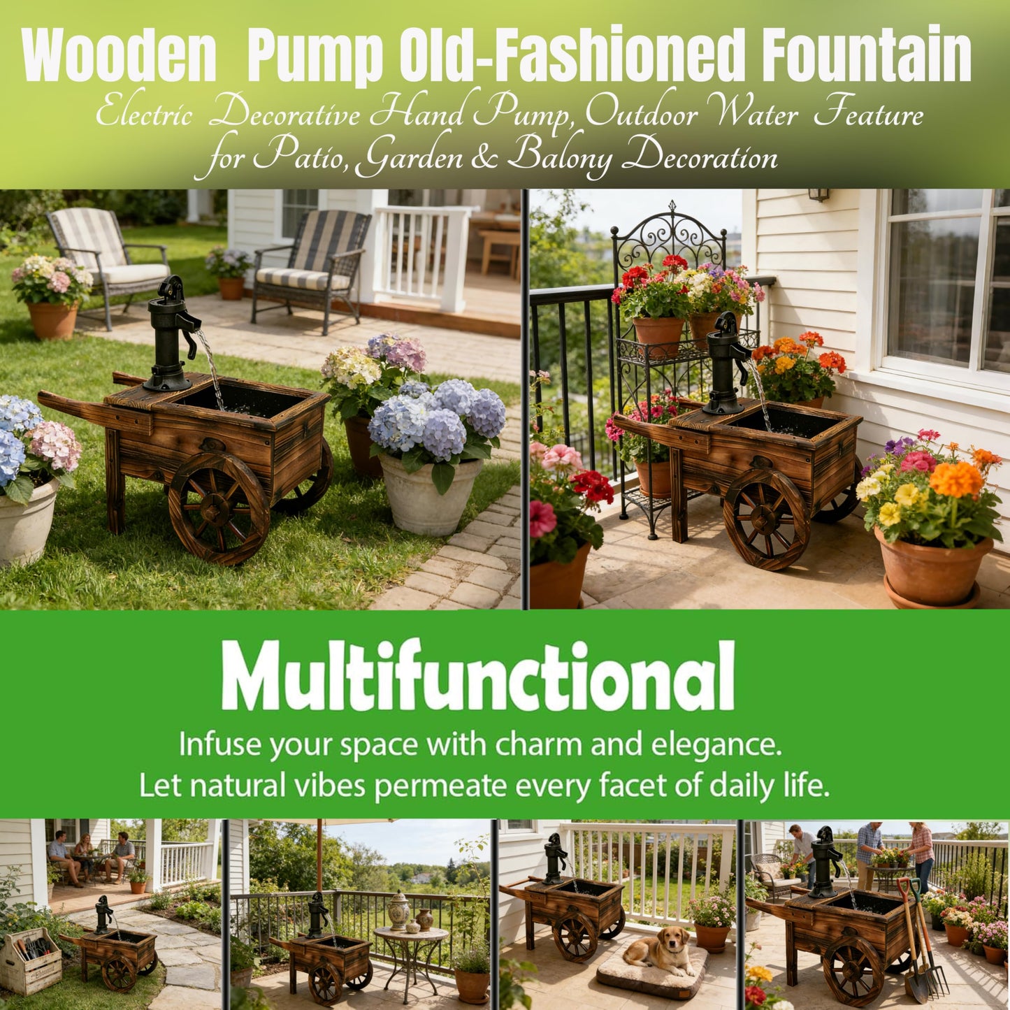 NestNature Outdoor Water Fountain,Wooden Wagon Wheel Pump Old-Fashioned Fountain,Electric Decorative Hand Pump, Outdoor Water Feature for Patio, Garden & Indoor Decoration