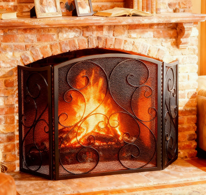 Fire Beauty Fireplace Screen 3 Panel Wrought Iron Metal 48"(L) x30(H) Spark Guard Cover(Black)