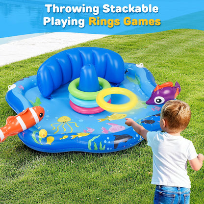 Baby Pool Float with Sprinkler, Inflatable Baby Splash Pad with Stackable Rings Game, Baby Splash Mat with Canopy & Backrest for Toddlers Garden, Beach, Backyard and Bathroom (Blue)