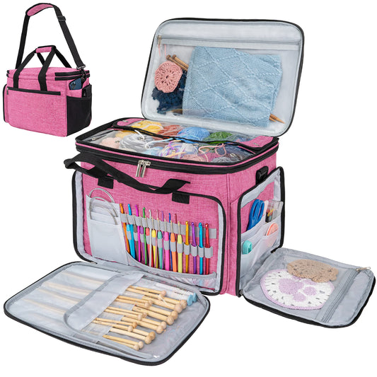 PAVILIA Knitting Bag Yarn Storage Tote - Large Crochet Organizer, Holder for Knitter Projects, Accessories Set, Gifts for Crochet Lovers - Heather Pink