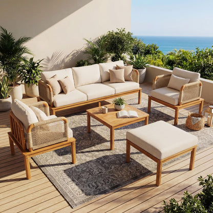 Merax Outdoor 5-Piece Acacia Wood & Rope Patio Sofa Set with Ottoman & Table, Water-Repellent Cushions, for Garden & Patio