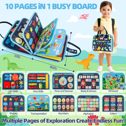 Toddler Busy Board Montessori Toys for 3 Year Old Birthday Gifts for Kids 10 Pages in 1 Soft Felt Activity Book Develop Fine Skills Educational Learning Sensory Travel Toys for Airplane Car