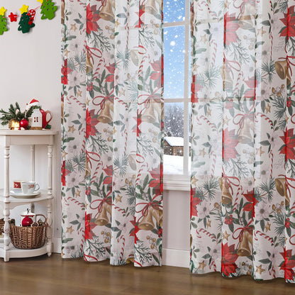 BROSHAN Red and Gold Christmas Sheer Curtains 63 inch Length 2 Panel Set- Xmas Bedroom Window Decoration Curtains in Poinsettias Floral Bells Patterned, Winter Holiday Living Room Curtain Drapes