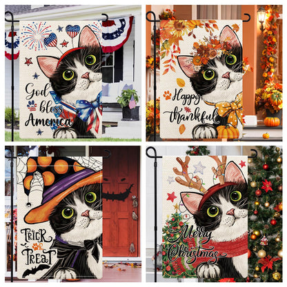 YOVOYOA Cute Black Cat Garden Flags for Outside Set of 12, Welcome Seasonal Garden Flags 12x18 Double Sided, Kitten Yard Flags for All Seasons and Holidays, Winter Spring Yard Flag for Holiday Decor