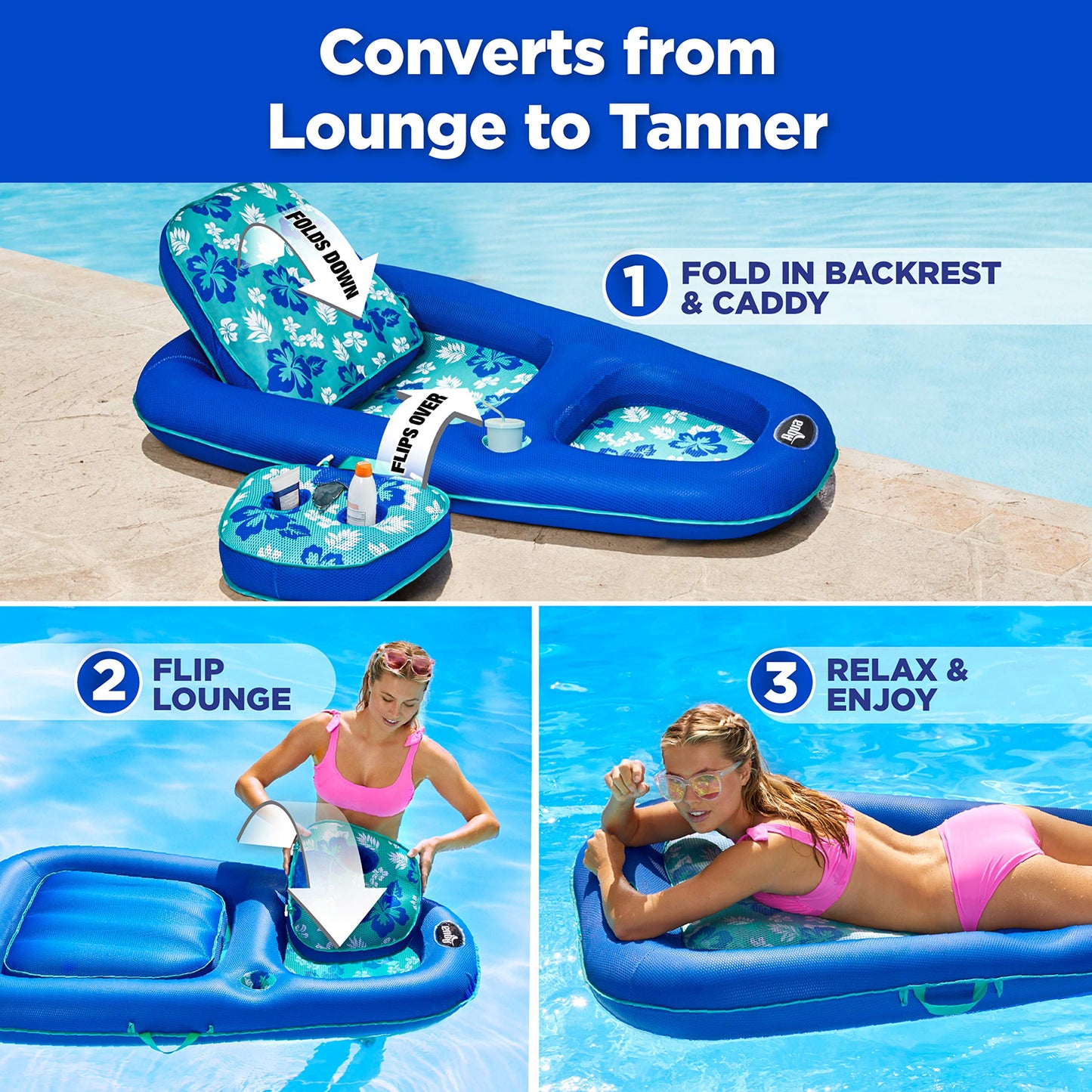 Aqua Campania Ultimate 2-in-1 Pool Float Lounge – Extra Large – Inflatable Pool Floats for Adults with Adjustable Backrest & Cupholder Caddy – Teal Hibiscus