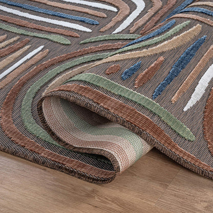 CAMILSON Indoor Outdoor Rug, Brown 8x10 Geometric Arch Striped Area Rugs for Patio and Home Areas, Easy-Cleaning Non-Shedding Living Room, Garden and Deck Washable Outside Carpet (8 x 10)