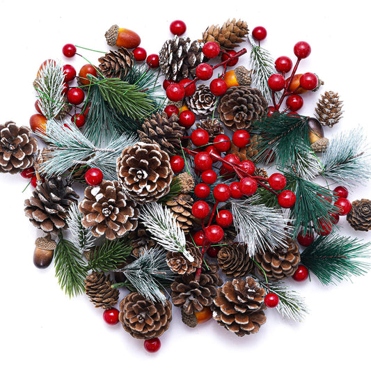 cnomg 120pcs Artificial Pine Cones Pine Branch Set Fake Natural Pinecones Acorns Red Berries Christmas Decor Ornaments for Home Winter Decorations