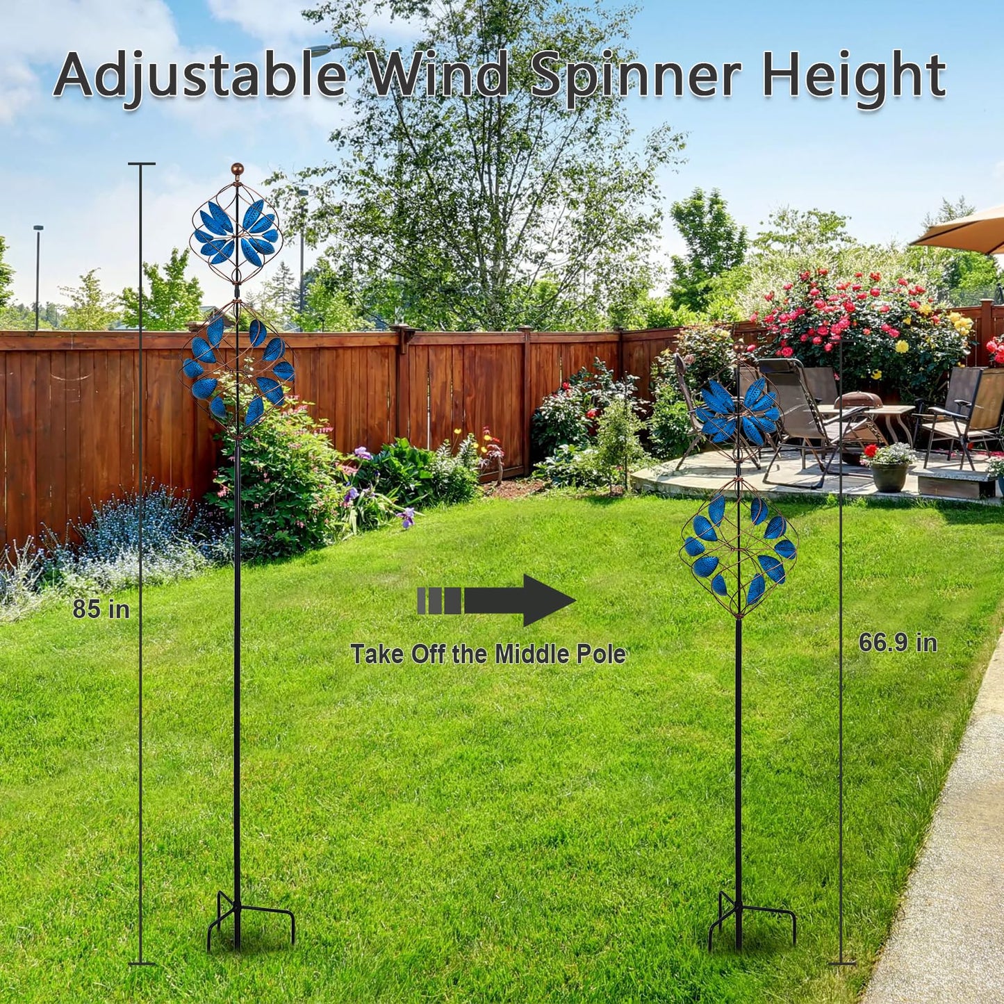 hogardeck Large Wind Spinner Outdoor, 85" Metal Kinetic Wind Spinner with Heavy-Duty Stakes, 360° Rotating Double-Layer Retro Yard Art for Home Outside Garden Lawn Backyard Patio Decor (Blue, Bronze)