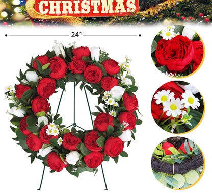 AILVEMEE Cemetery Wreaths for Graves,Christmas Wreath for Cemetery,Memorial Day Grave Wreath,Headstone Wreaths on Metal Stand,Spring Artificial Flower Wreath:Red Peony,White Rose