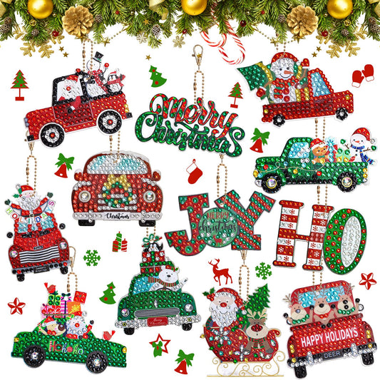 AnyDesign 12Pcs Christmas Diamond Art Keychain DIY Handmade Truck Santa Snowman Gem Painting Pendant Rhinestone Mosaic Making Full Drill Diamond Key Chain for Crafts Gift