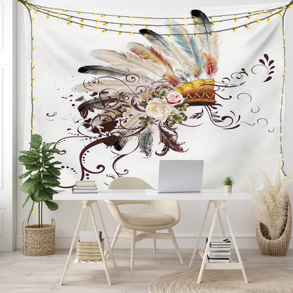 Ambesonne Feather Tapestry, Floral Arrangements Head Wear Flowers Swirls Shapes, Wide Wall Hanging for Bedroom Living Room Dorm, 60" X 40", Cream Ivory