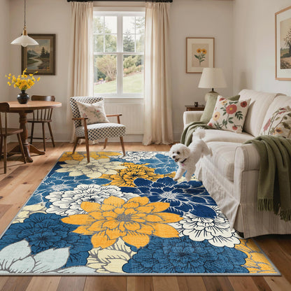 GENIMO Indoor Outdoor Area Rug 5'x8', Machine Washable Rugs for Patio, Waterproof, Non-Slip Easy Cleaning Floral Outdoor Mat Carpet for Living Room, Bedroom, RV, Balcony, Deck, Camping, Navy Blue