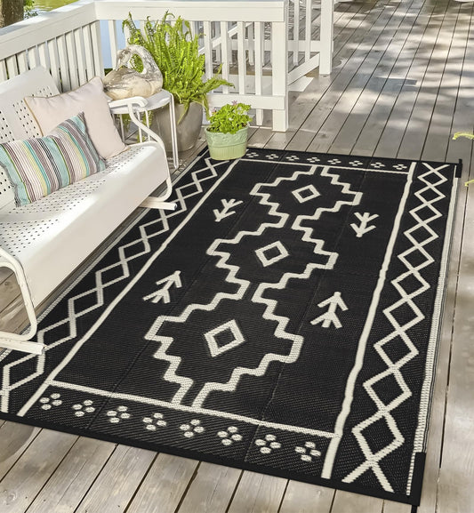Uphome Outdoor Plastic Straw Rug, 6x9 ft, Reversible Waterproof, Black Boho Patio Rug, RV Camping Rug for Outside, Indoor Outdoor Area Rug for Backyard Deck Balcony Picnic