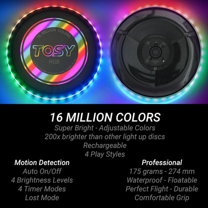 TOSY Flying Disc - 108 RGB Multicolor LEDs, Super Bright, Smart Modes, Cool Valentine Easter Gift, Camping Toy for Kid/Teen/Adult, Auto Light Up, Rechargeable, Waterproof, 175g, 2-Pack