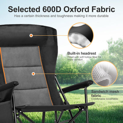 LET'S CAMP Oversized Camping Chairs 29.52" High Back Heavy Duty Lawn Chair Support 500LBS, Portable Collapsible Chair with Cup Holder, Side Pocket,2 Pack(Black)