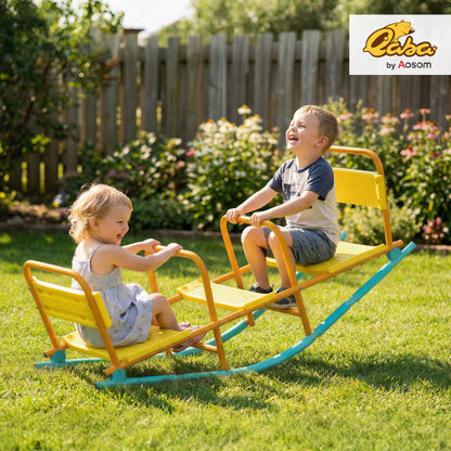 Qaba Teeter Totter Seesaw for Kids, 2 in 1 Metal Rocking Seesaw for Toddlers Age 3-8, 2 Seater Playground Equipment with Easy-Grip Handles for Backyard Indoor Outdoor, Yellow