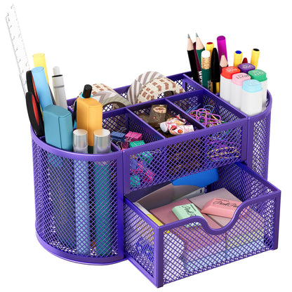 EasyPAG Mesh Pen Holder Desk Organizer with Drawer Stationery Supplies Organizer for Dorm School 9 Compartments Workspace Desk Accessories Organization for Office, Purple