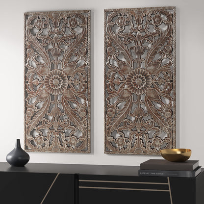 Madison Park Wall Art Living Room Décor - Floral Antiqued Wooden Carving Wall Decor Panel, Silver Embellished, Ready to Hang Wall Decor for Bedroom, 15.75"W x 31.5"L x 0.59"D, Bronze, 2 Piece