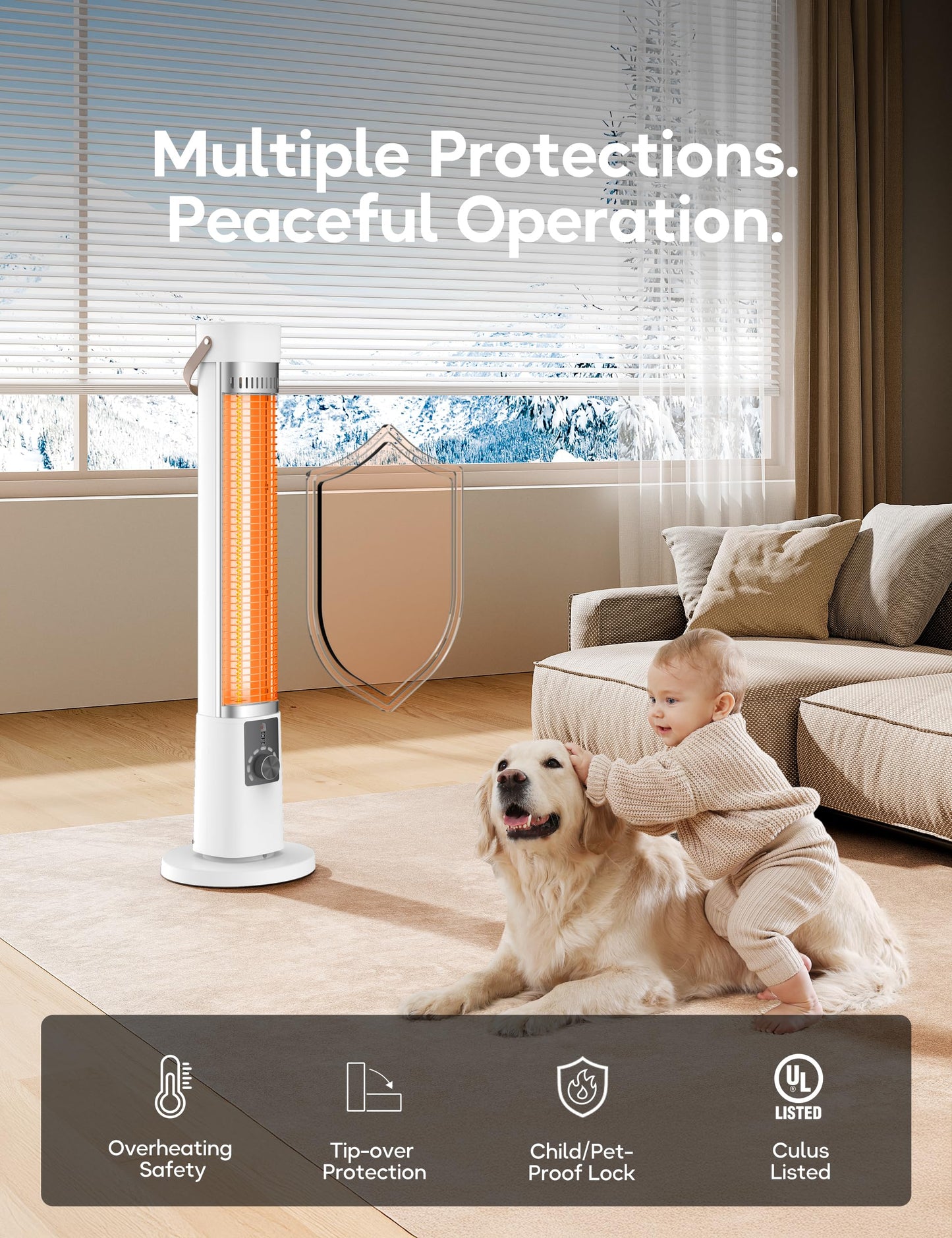 Patio Heater for Outdoor Use, Infrared Electric Outdoor Heater, 1500W Instant Heating, 60-Degree Oscillation, 9 Heat Levels, 9H Timer, Remote, for Garage, Backyard, Large Room, Indoor, 32.2", White