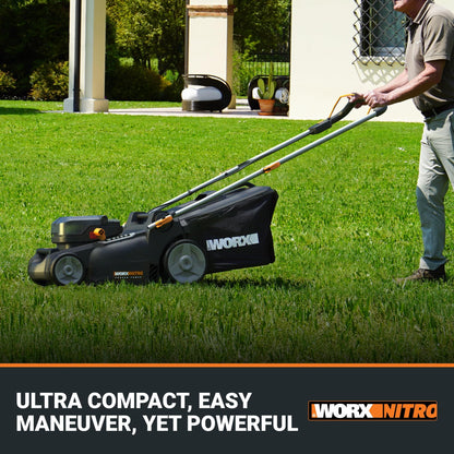 WORX Nitro 16" Cordless Lawn Mower, 2 in 1 Electric Mower with with Brushless Motor, Lightweight Push Lawn Mower for 1/4 Acre, 2 Batteries & Charger Included, WG737