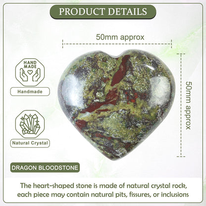 Crocon® 50mm Dragon Bloodstone Heart stone Big Heart Shape Puff Stones Set 450+ Carats Pocket Crystal Healing Tumble Collection Palm Worry Stone Good Luck Charm Meditation Gift Craft Home Decor