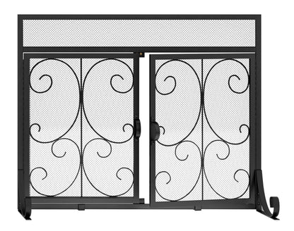 Calidola Large Flat Fireplace Screen with Doors, Wrought Iron Frame with Metal Mesh, Flat Panel Decorative Fireplace Screen with Scroll Design, Free Standing Spark Guard,Black