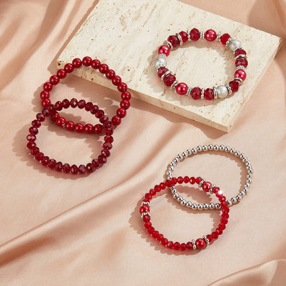 Noessla Beaded Pearl Stretch Bracelet Silver Stackable Crystal Beads Bracelets Trendy Costume Jewelry Mothers Day Gifts for Women(Red)