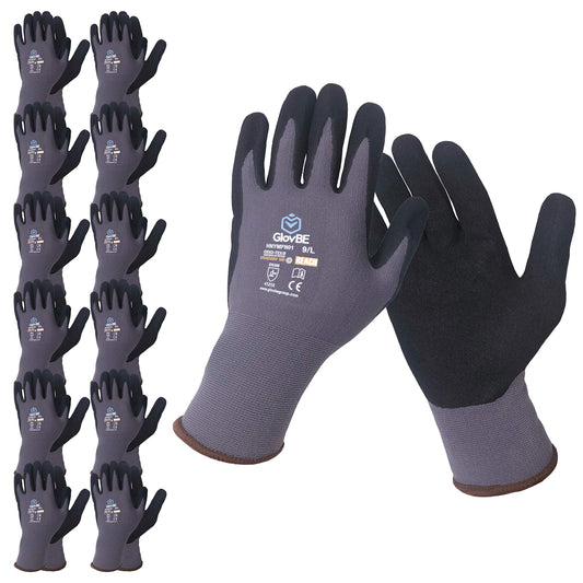GlovBE 12 Pairs Nylon Work Gloves, Nitrile Micro Foam Slip Resistant Coating on Palm, Smart Touch, Grey (Extra Large)