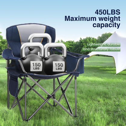 HIGH POINT SPORTS Oversized Portable Camping Folding Chair, Heavy Duty Portable Lawn Chairs, Folding Chairs for Outside with Cup Holder and Cooler Bag for Camp, Travel, Support 450 LBS, 2 Pack,Blue