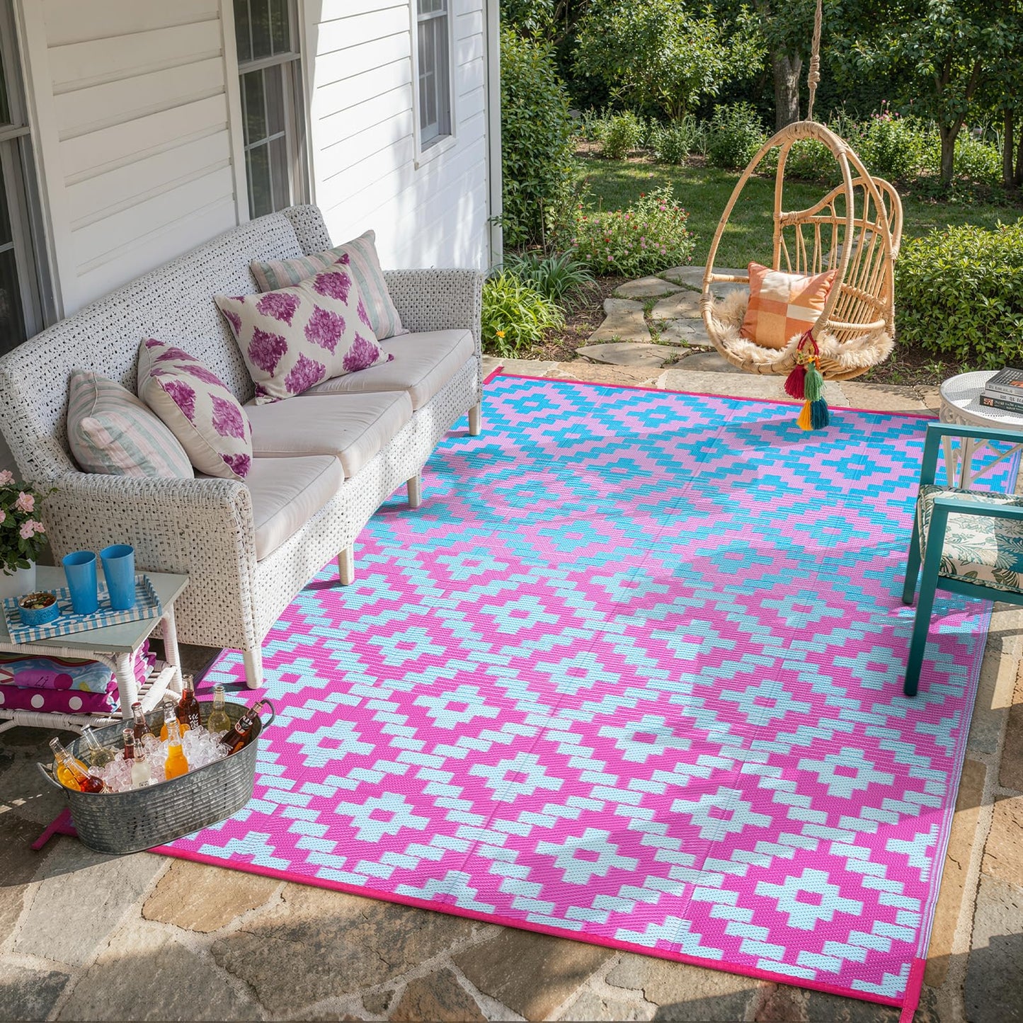 Wonnitar 8x10 Outdoor Rug, Large Waterproof Reversible Plastic Straw Rug for Patios, Indoor/Outdoor Area Rug Lightweight Camping Rug for Outside RV Balcony Garden Deck, Blue/Purple
