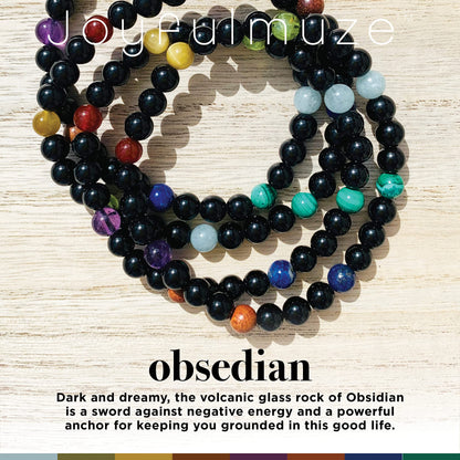 Joyfulmuze Black Obsidian Stretch Bracelet for Men, Multiple Natural Gemstones Yellow Tiger Eye, Green Peridot, Amethyst, Wood, Carnelian, Malachite, Aquamarine, Handmade Gift Chakra Jewelry, 6mm