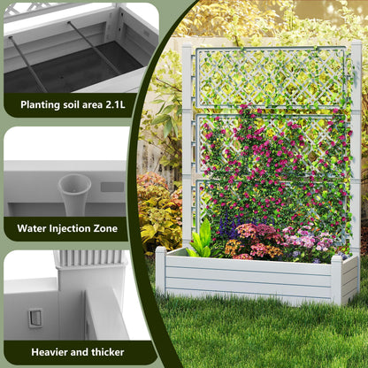 EasyUp Raised Garden Bed with Trellis for Climbing Plants, Outdoor Herb Planter Box with Drainage Plug & Water Gauge, Durable Resin for Patio, Balcony, Yard, Dust-Proof Garden Planter