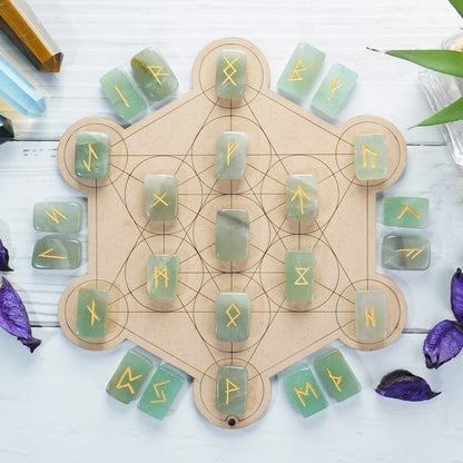 Crocon Green Jade Rectangle Shape Gemstone Runes with Elder Futhark Alphabet Engraved 25 pcs Rune Set Crystal Divination Metaphysical Healing Chakra Reiki Runes Set with a Pouch Size : 20-25mm