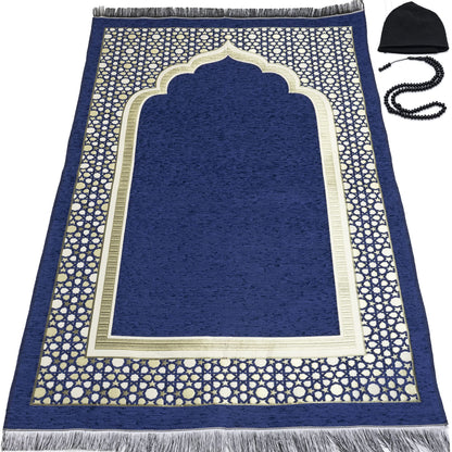 Modefa Turkish Islamic Prayer Mat - Thin Woven Chenille Sajjadah - Intricate Praying Rug Ramadan Eid Gift - Traditional Muslim Janamaz Sajada for Men Women - Geometric Selcuk Star (Royal Blue)
