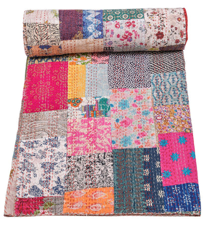 Marubhumi Indian Traditional Pure Cotton Patchwork Kantha Quilt, Paisley Print Kantha Quilt Multi Color (Multicolor-1, Twin (60"x 90"))