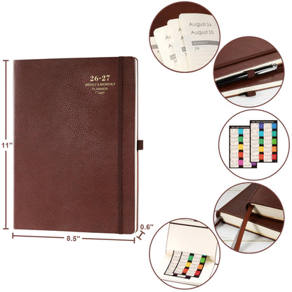 Planner 2026-2027 - JUL 2026 - JUN 2027, Academic Planner 2026-2027, 26-27 Planner, Weekly and Monthly Planner, Leather Cover Calendar Planner with Thick Paper, Back Pocket with Notes Pages, Brown (8.5" x 11")