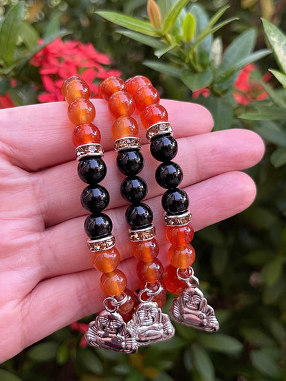 GAF TREASURES Red Agate & Black Onyx with Happy Buddha Crystal Bead Bracelet 8mm, Genuine Red Agate & Black Onyx Stretch Gemstone Bracelet, Healing Crystal Bracelet, Gift for Men & Women (1)