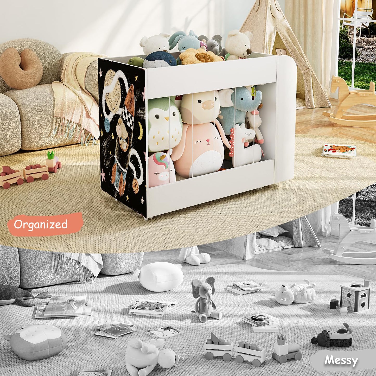 VortinT 3-in-1 Toy Storage Box with Bookshelf and Chalkboard, Large Stuffed Animal Toy Chest on Wheels, Kids Toy Storage Organizer Bin for Kids Room, Nursery & Playroom, for Kids, White